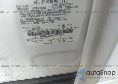 2008 Mercury Sable from USA, damaged, VIN 1MEHM40W48G622394